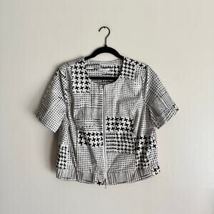Cabi Black + White Coupe Bomber Houndtooth Short Sleeve Jacket Medium